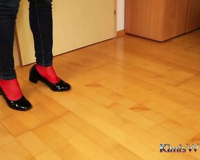Red Nylon Feet in Black Shiny Heels - Dangling & Tease in Tight Jeans