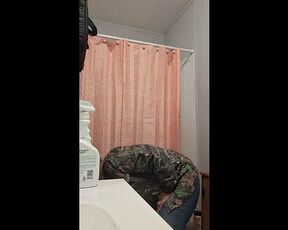 Blonde long hair country girl cleaning the bathroom showing off her big cleavage